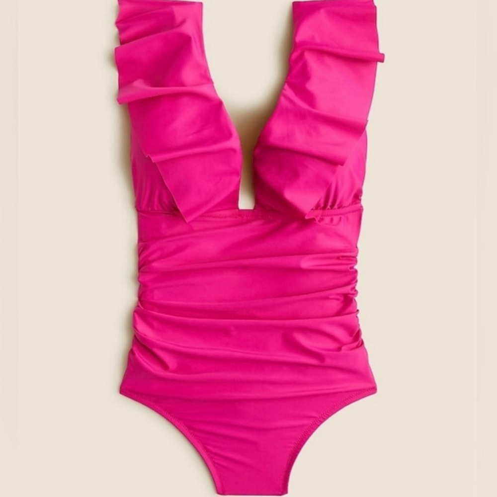 J.Crew Hot Pink Recycled Poly Ruched Deep V-neck Ruffle One-Piece Swimsuit NWT 4